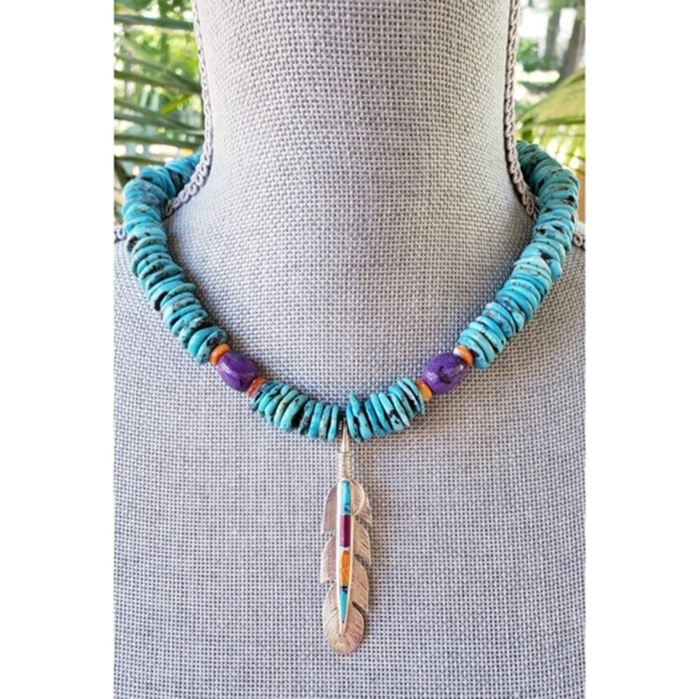 Artisan Southwestern Turquoise Necklace Sterling Silver Feather 18"